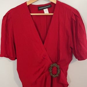 Barbara Barbara Red Wrap Dress with Brooch